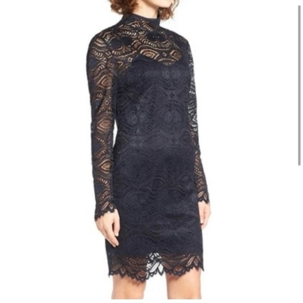 WAYF Midnight deep blue mock neck 2 piece stunning long sleeve lace dres…